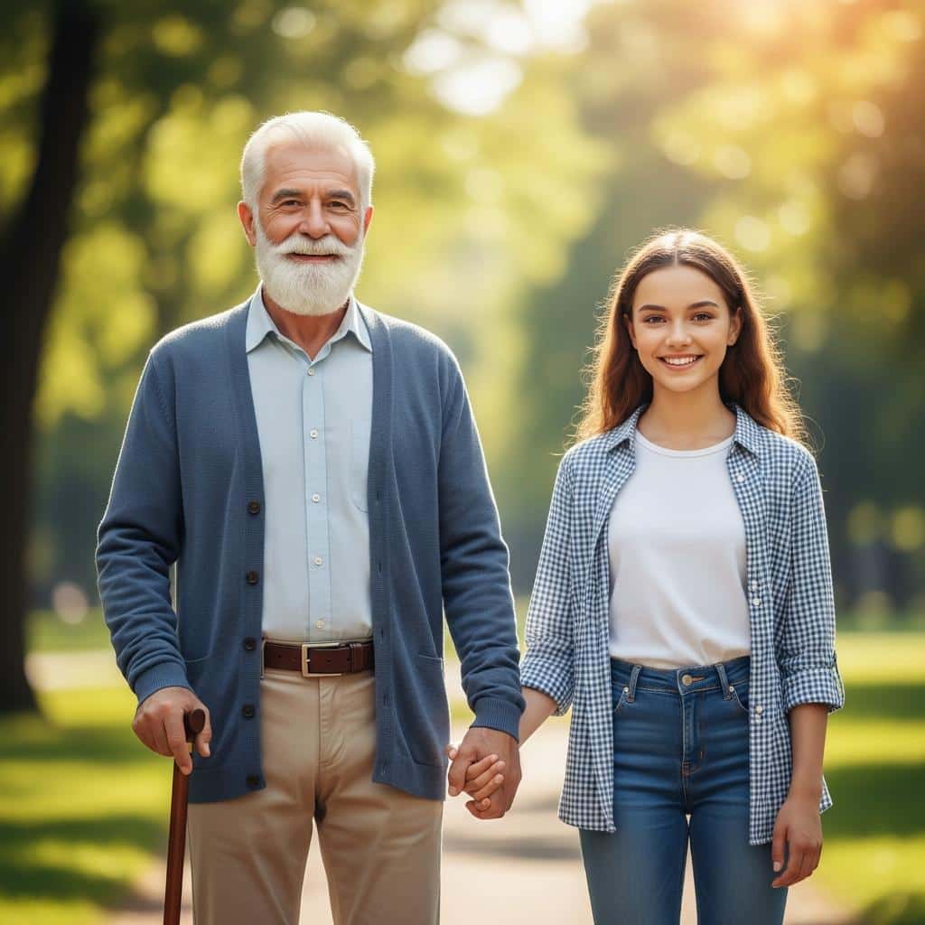 Older man with cane standing proudly next to his adult daughter in a sunlit park