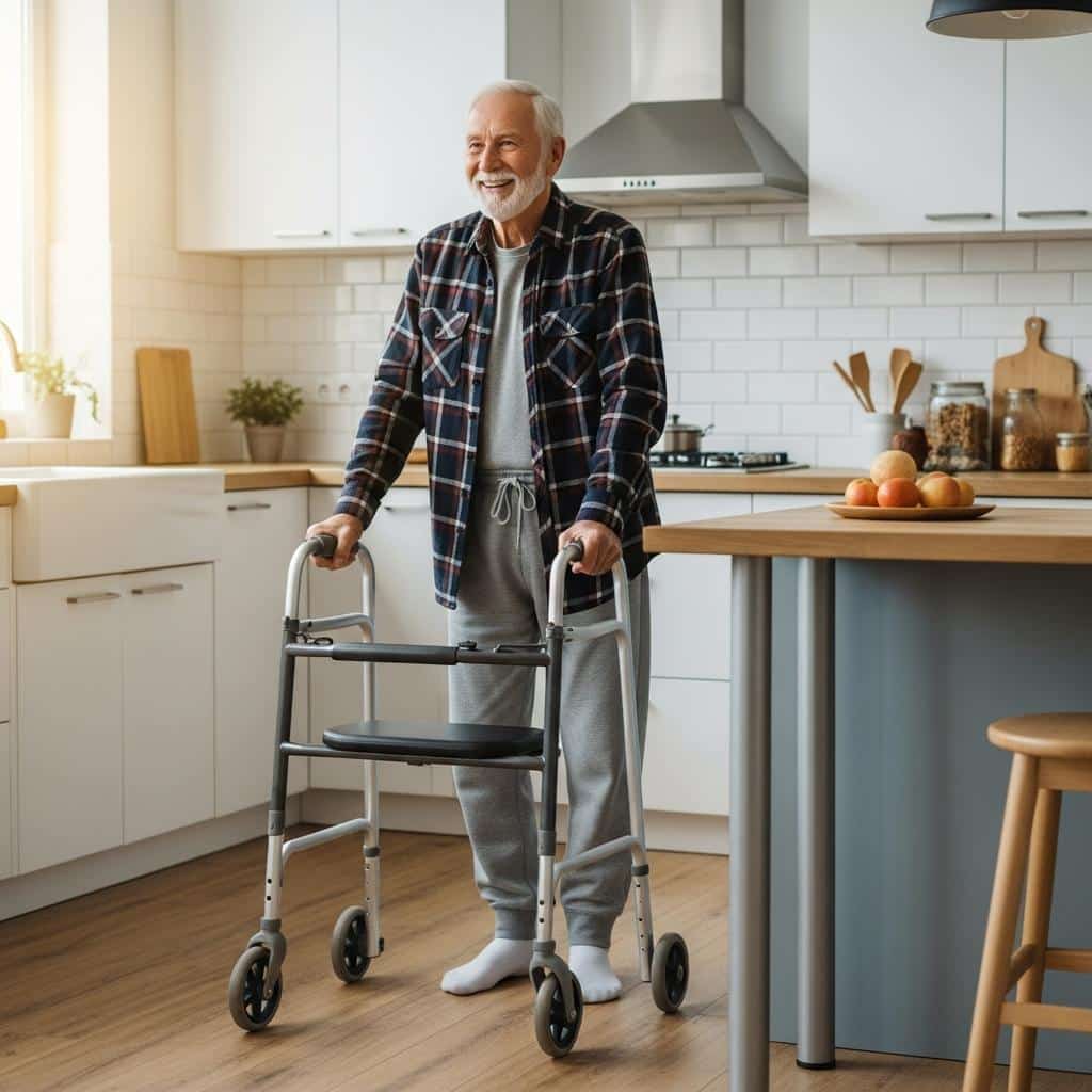 Older man with walker doing gentle stretches by kitchen counter, full-body view