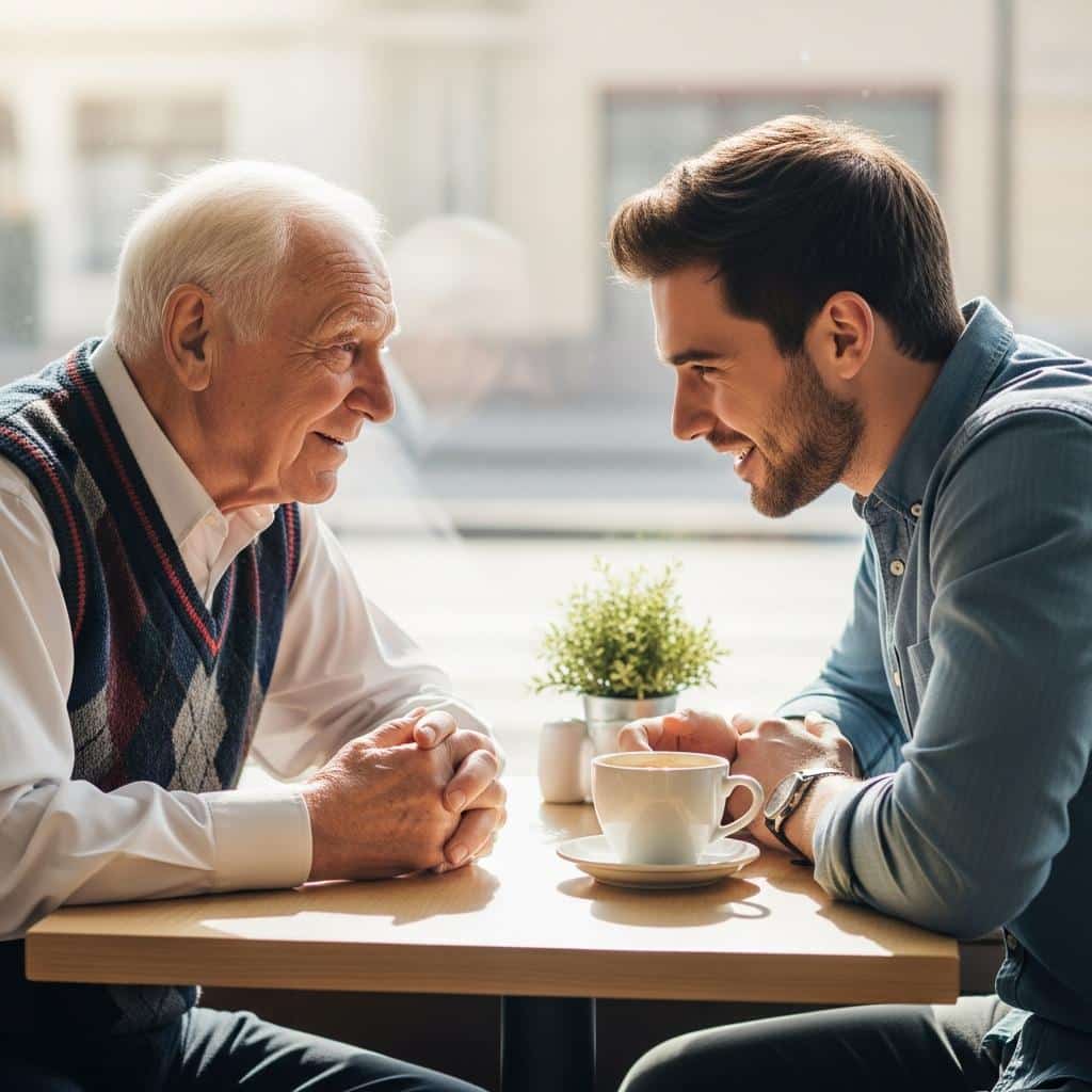 Older man and young adult chatting with genuine interest at a cafe table