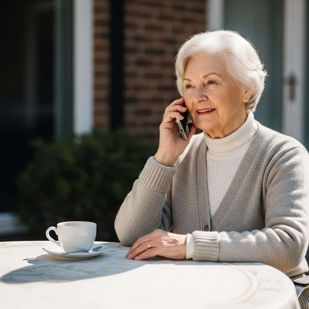 Older woman on a phone call at patio table, looking peaceful and confident in sunshine