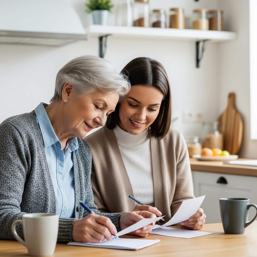 Older woman and adult daughter organizing bills together in bright kitchen
