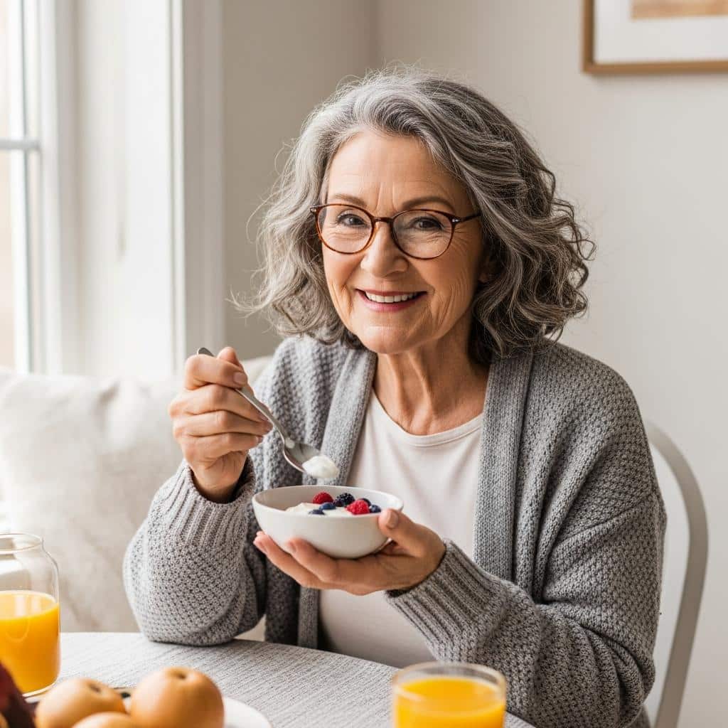 Older woman enjoying a bowl of yogurt and berries at a breakfast table, waist-up