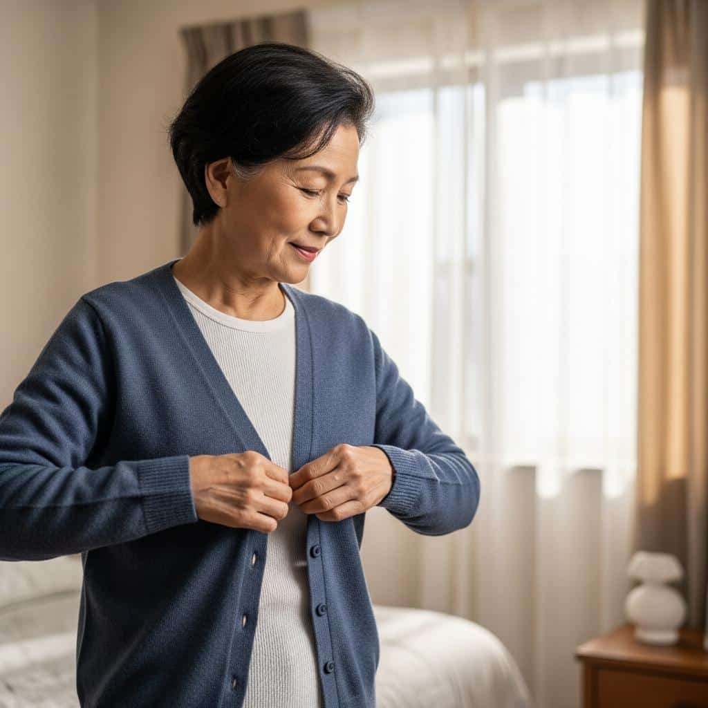 Older woman putting on a cardigan over thermal shirt by window, waist-up