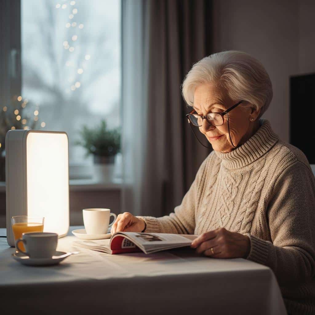 Older woman with light therapy box reading magazine at breakfast table, waist-up
