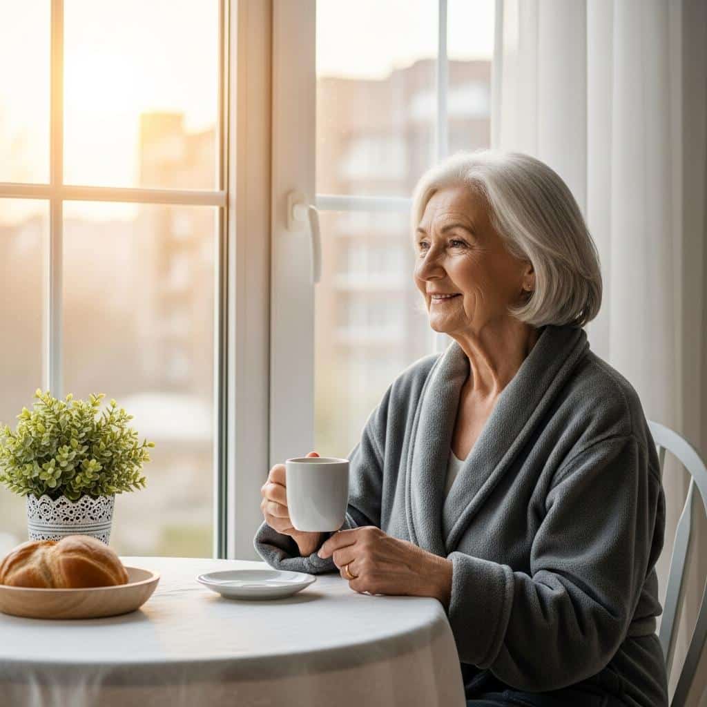Older woman sitting near bright window drinking coffee, softly lit morning, waist-up