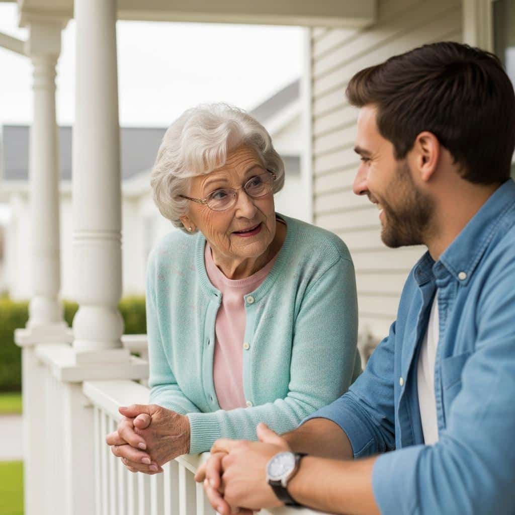 Older woman and younger neighbor talking warmly on a sunny front porch