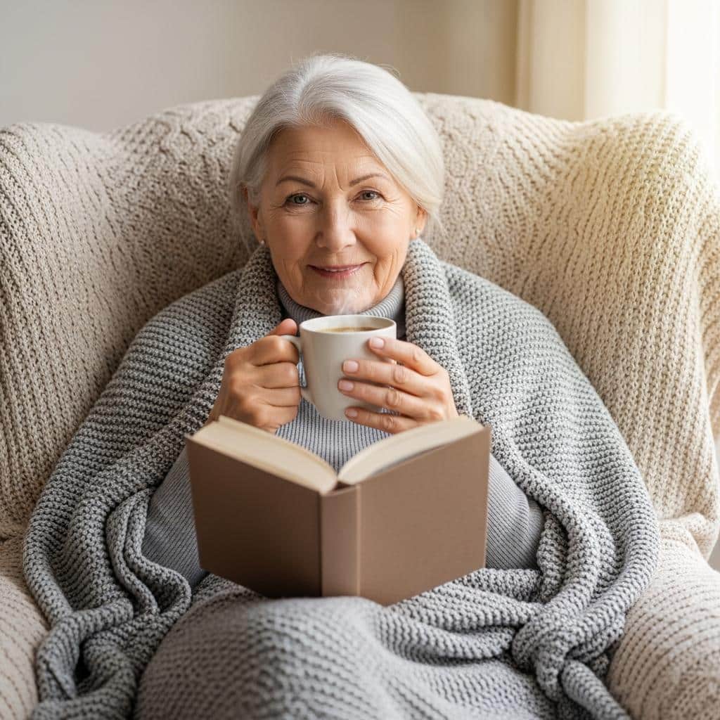 Older woman under blanket in chair, holding book and sipping hot soup, waist-up