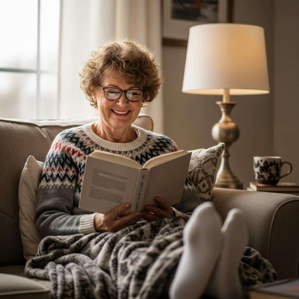 Older woman reading in a cozy living room with afternoon sunlight