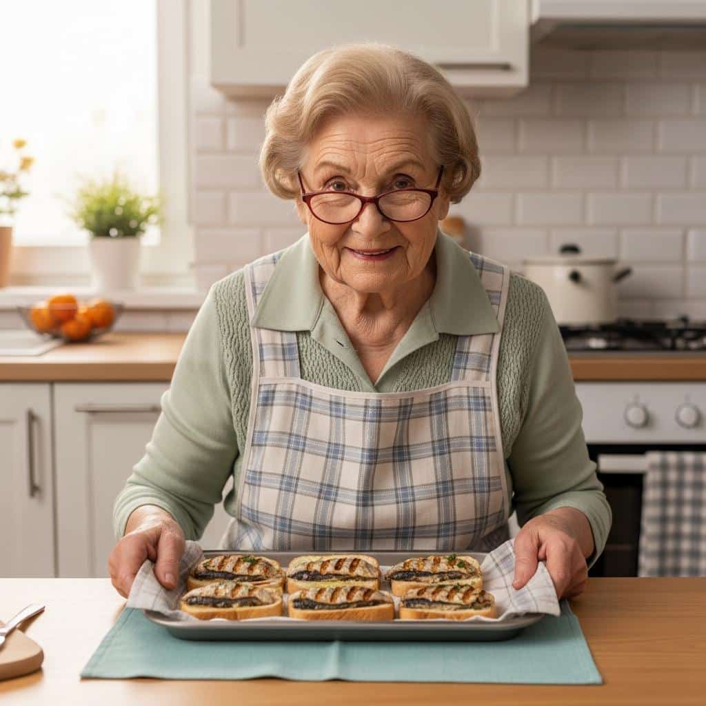 Older woman serving sardine sandwiches at kitchen table, waist-up, sunlight streaming