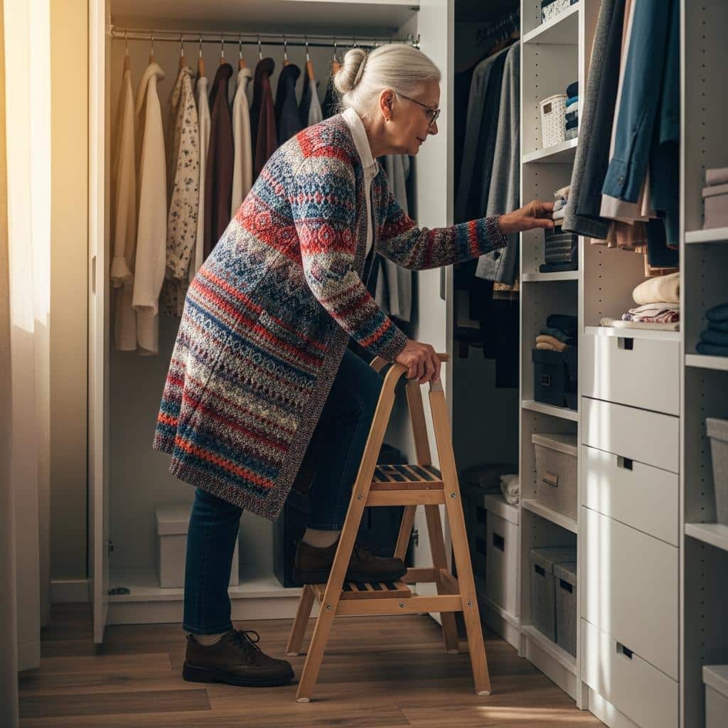 Older woman uses a step stool and reaches into a neatly organized closet, sunlight highlighting her careful approach