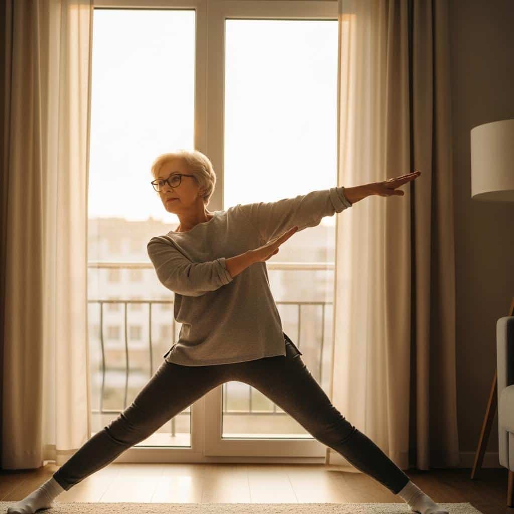 Senior woman stretching arms in living room, wearing glasses, softly lit, full-body view