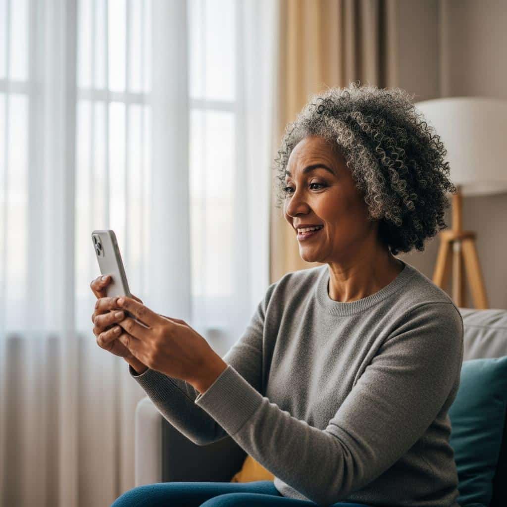 Older woman smiling while video chatting on her phone, sitting in a cozy living room