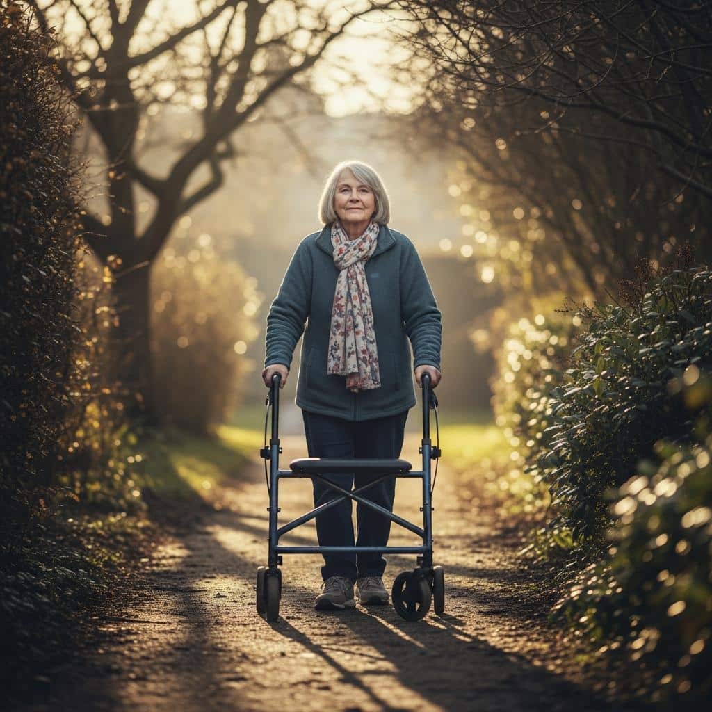 Senior woman with walker strolling in a sunlit winter garden, full-body view