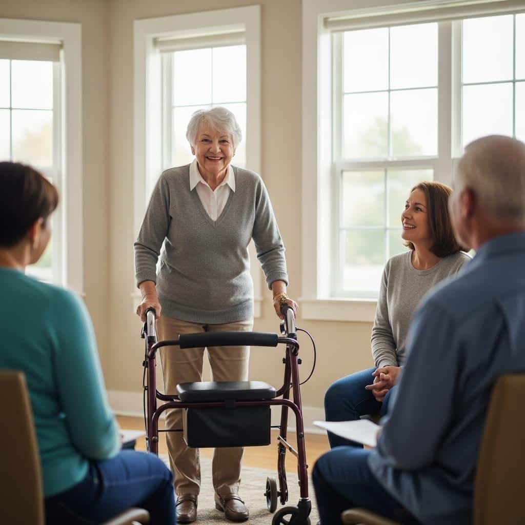 Older woman with walker leading a discussion group in a well-lit community room