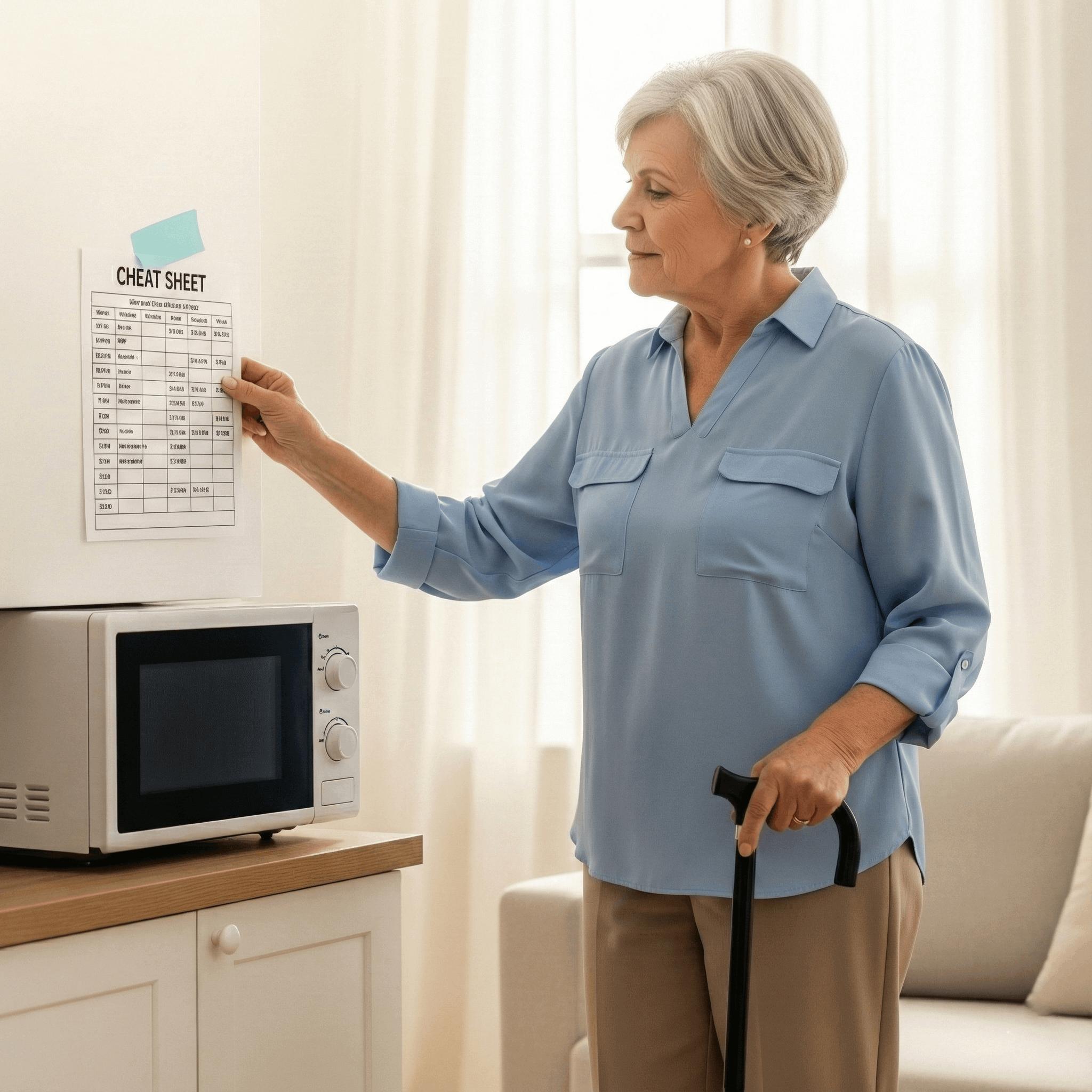 Older woman with cane looking at microwave cheat sheet posted nearby, full-body view