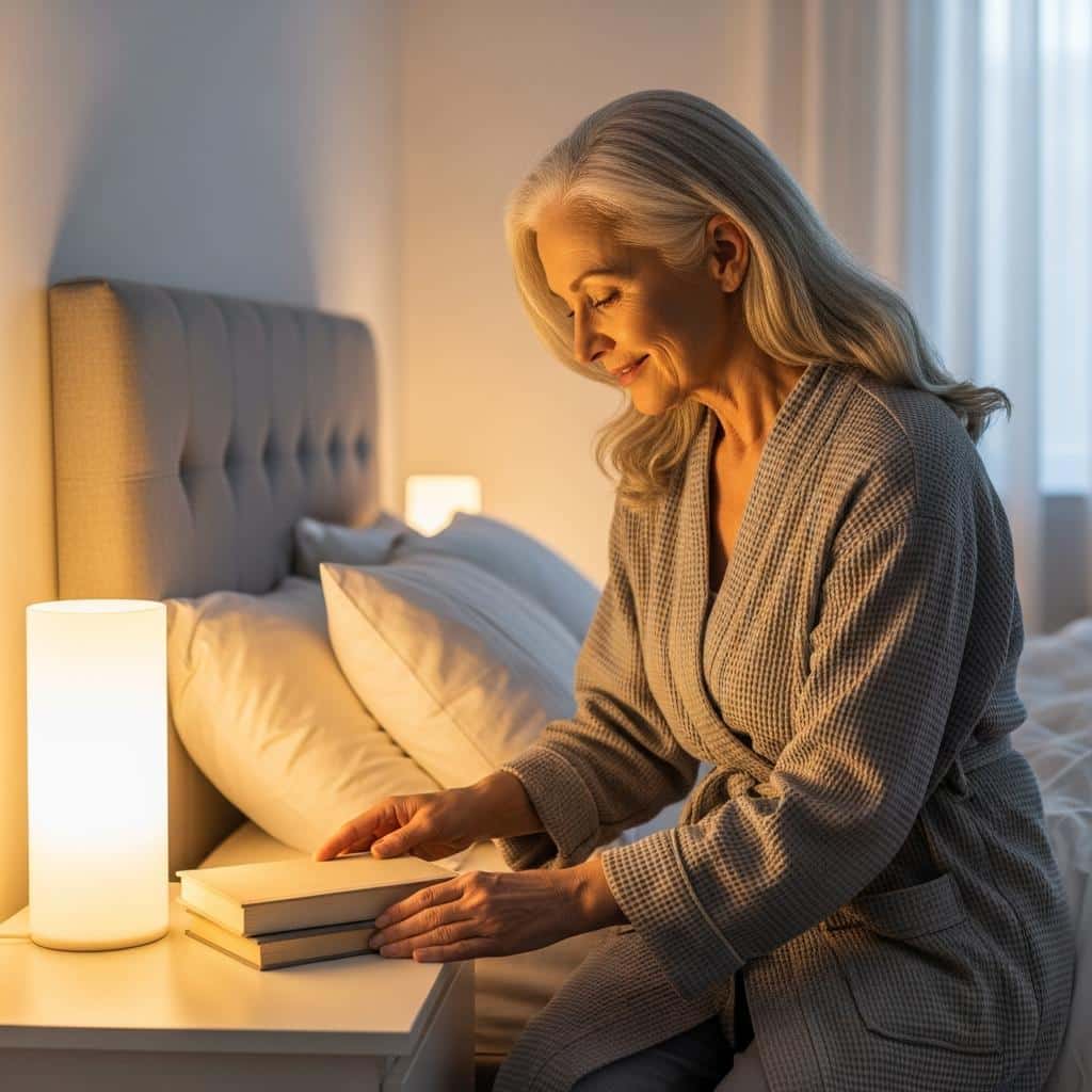 Older woman in robe preparing for sleep in softly lit bedroom