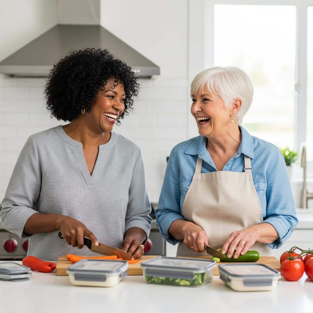 Two older women chopping vegetables and chatting at a kitchen island, waist-up view