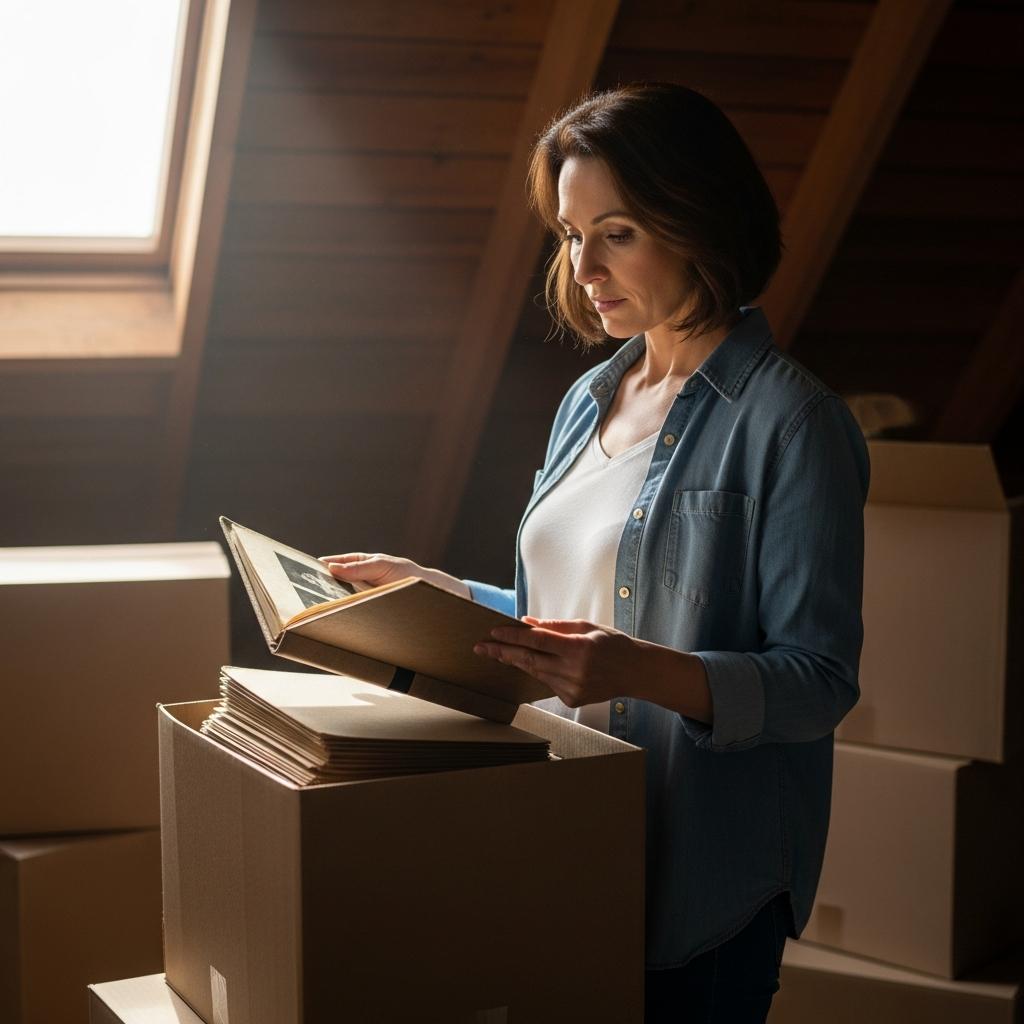 Middle-aged woman in attic opening a box of old family albums, over-the-shoulder view