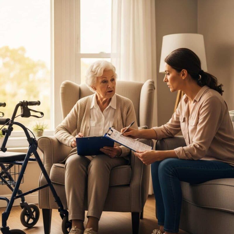 Daughter discussing suspicious bank activity with elderly mother[1]