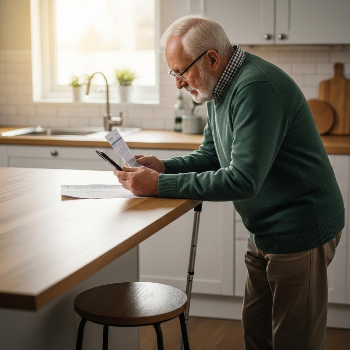 Older man with a cane standing at a kitchen counter, examining a bank statement and looking up an unfamiliar recurring charge on his phone