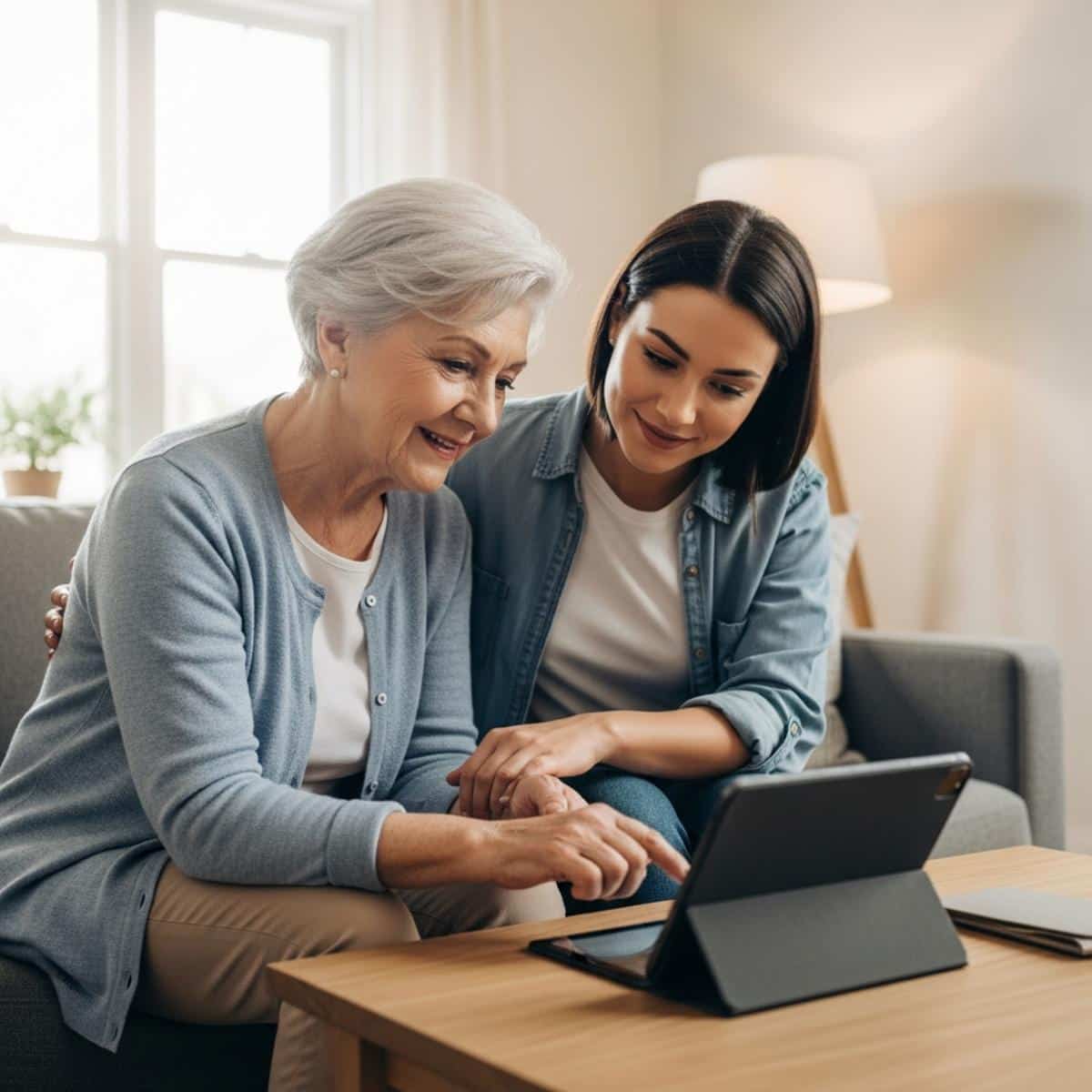 Older woman and her adult daughter sitting together on a sofa reviewing subscriptions on a tablet