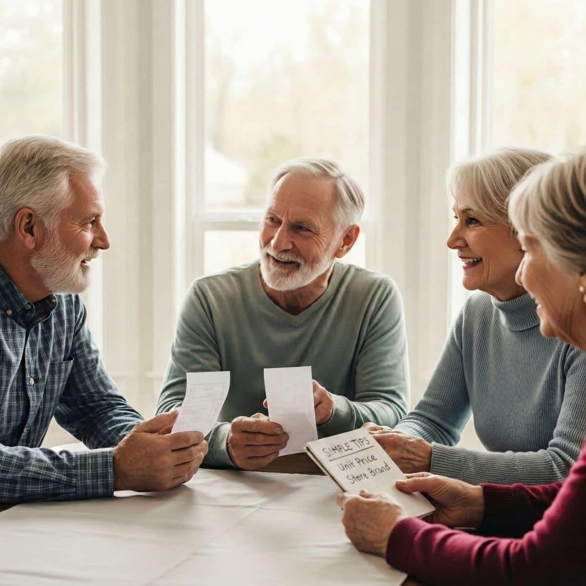 Group of older adults at a table discussing a highlighted grocery receipt and a list of money-saving tips