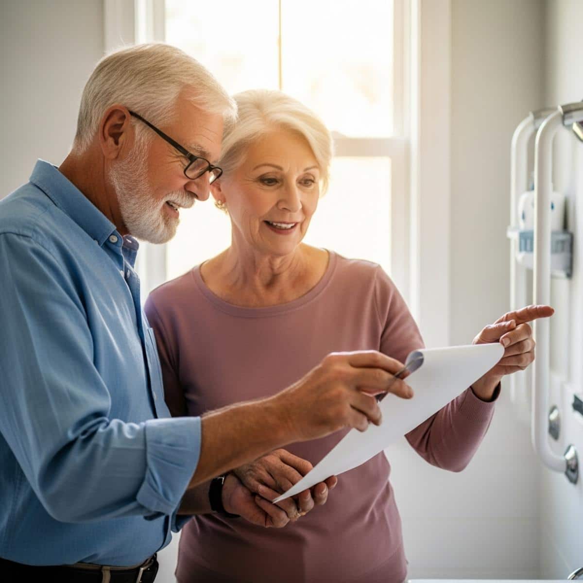 Older couple together in bathroom reviewing safety fixture placement and positioning, waist-up centered view