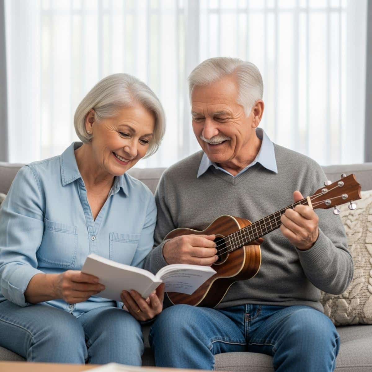 Older couple sitting on sofa examining ukulele and songbook, waist-up centered view with soft natural light