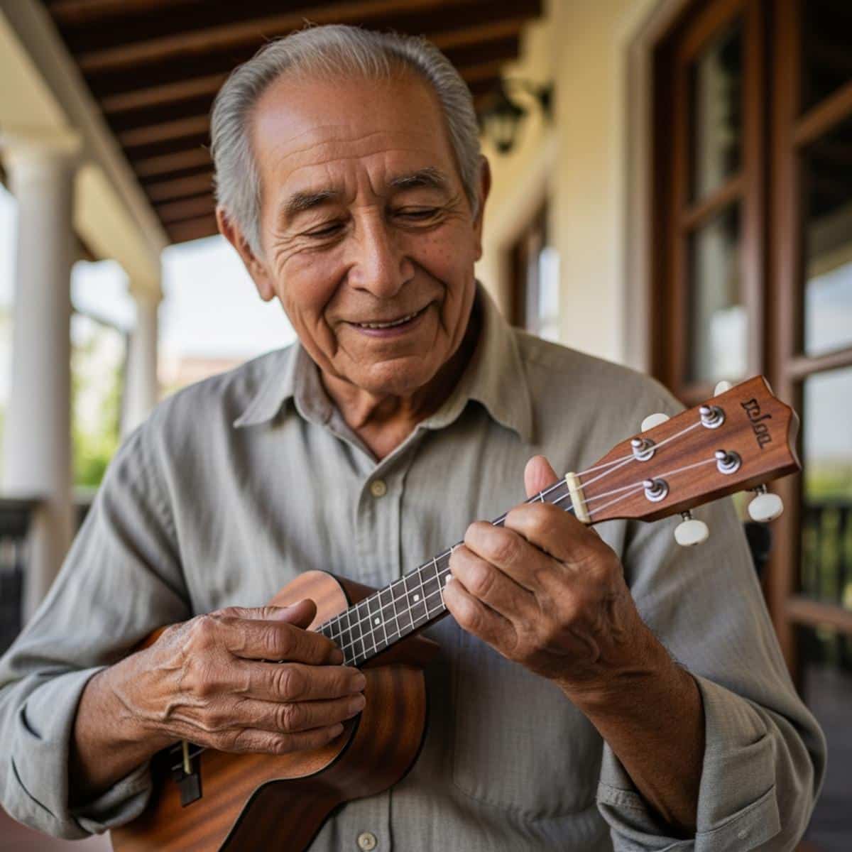 Older man with weathered hands playing ukulele on patio, waist-up centered view showing hand position