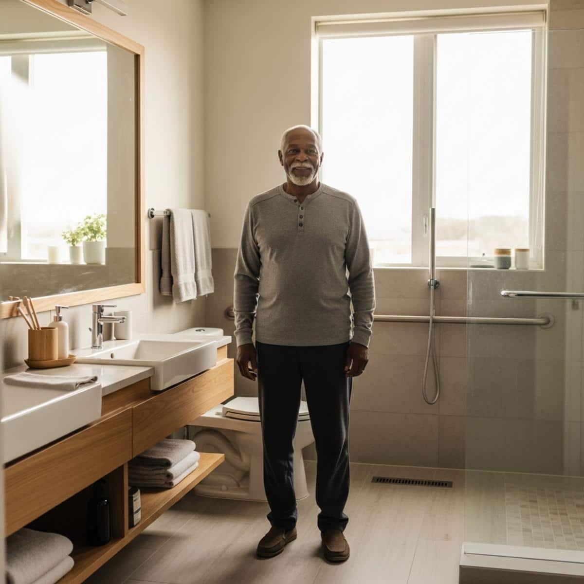 Older man standing confidently in well-designed accessible bathroom with proper fixture placement, full-body centered view