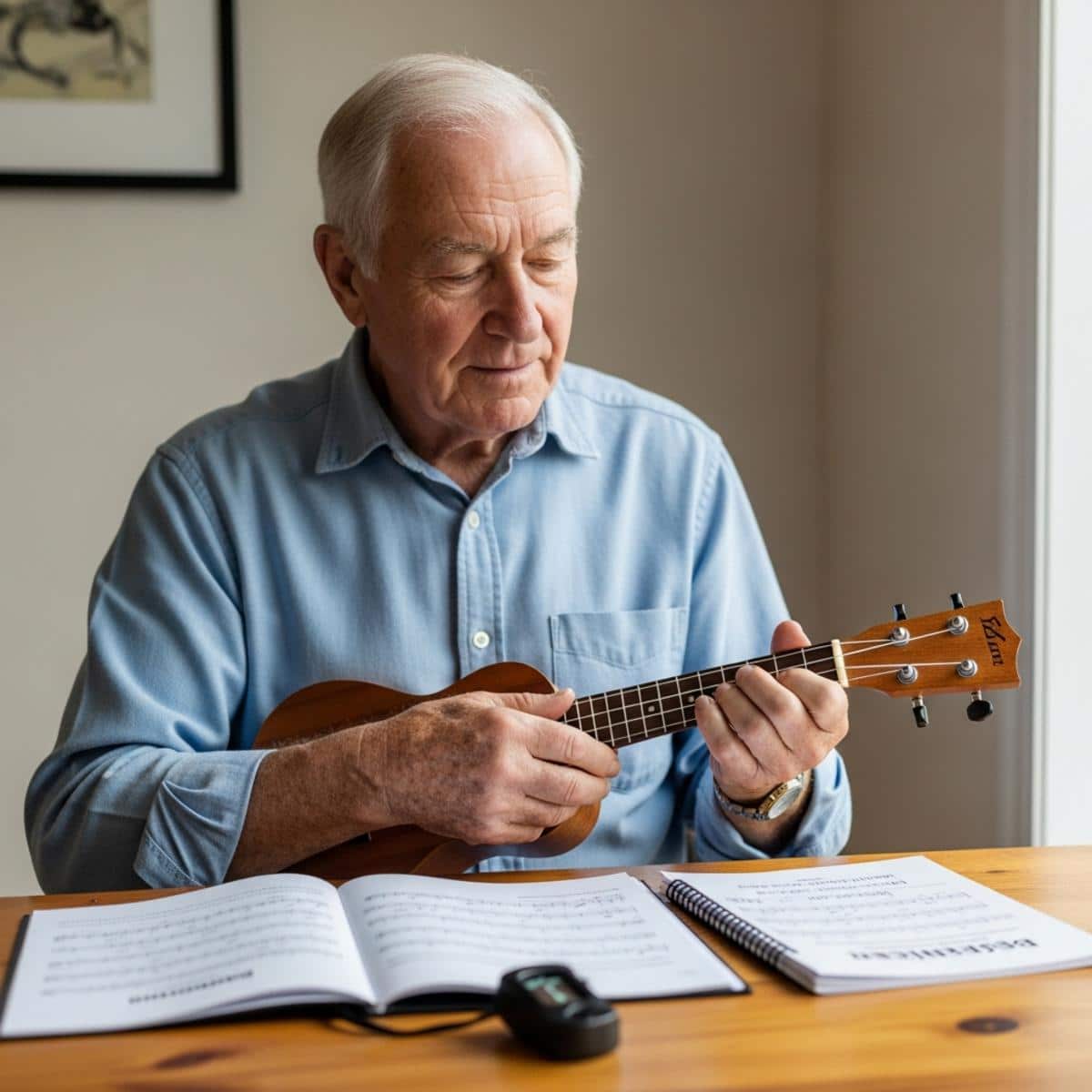 Older man examining ukulele at table with songbooks and tuner, waist-up centered view with learning materials