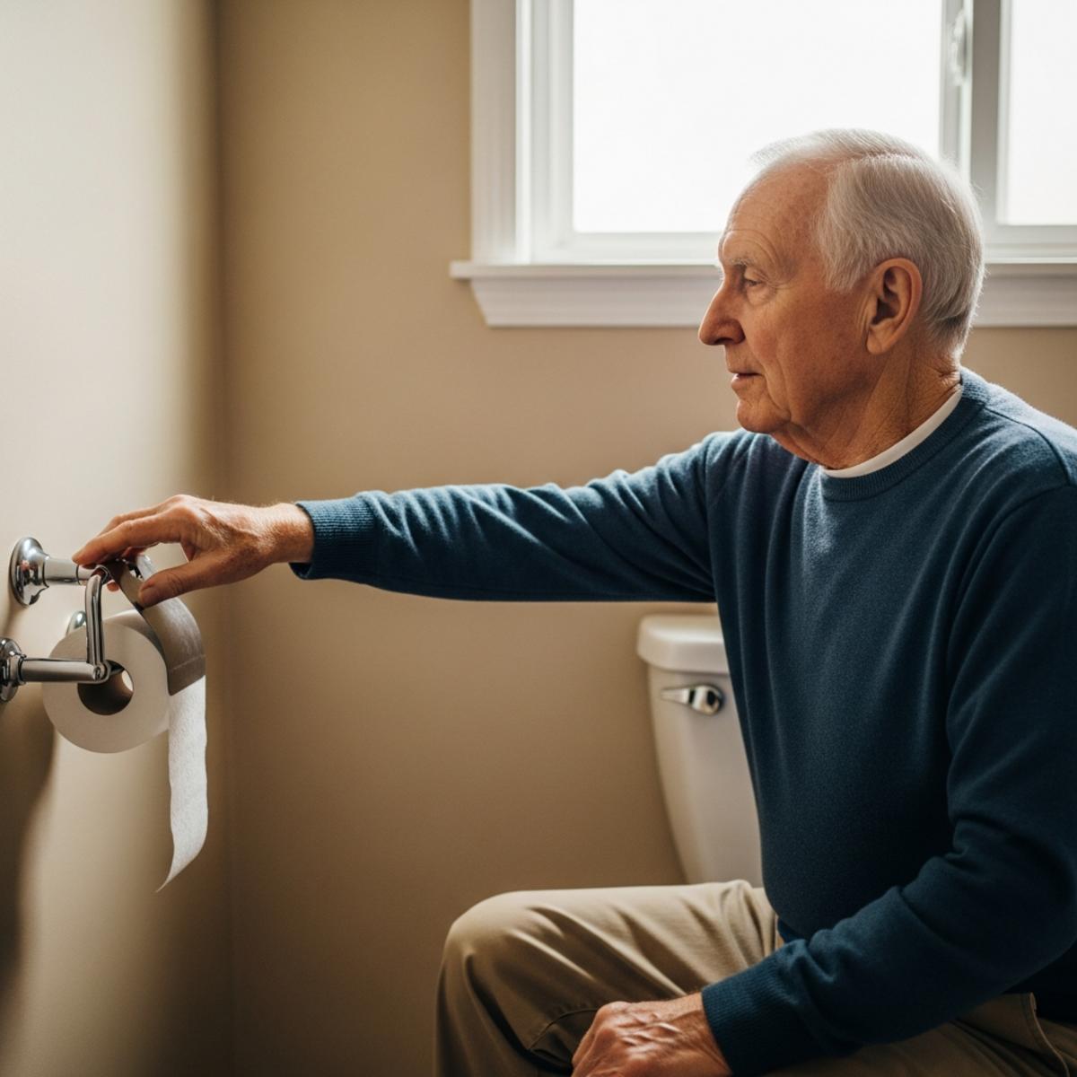 Older man seated on toilet reaching forward for toilet paper holder without twisting, centered three-quarter view