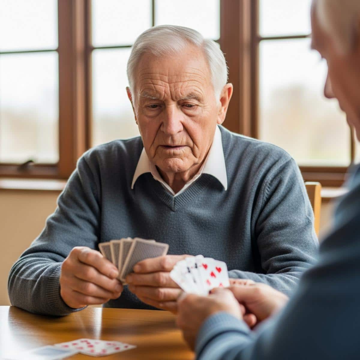 Older man learning card game from mentor at senior center table, centered waist-up view