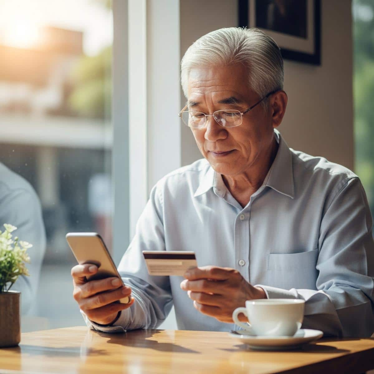 Older man sitting at a café table, using his phone to manage his debit card while holding the card