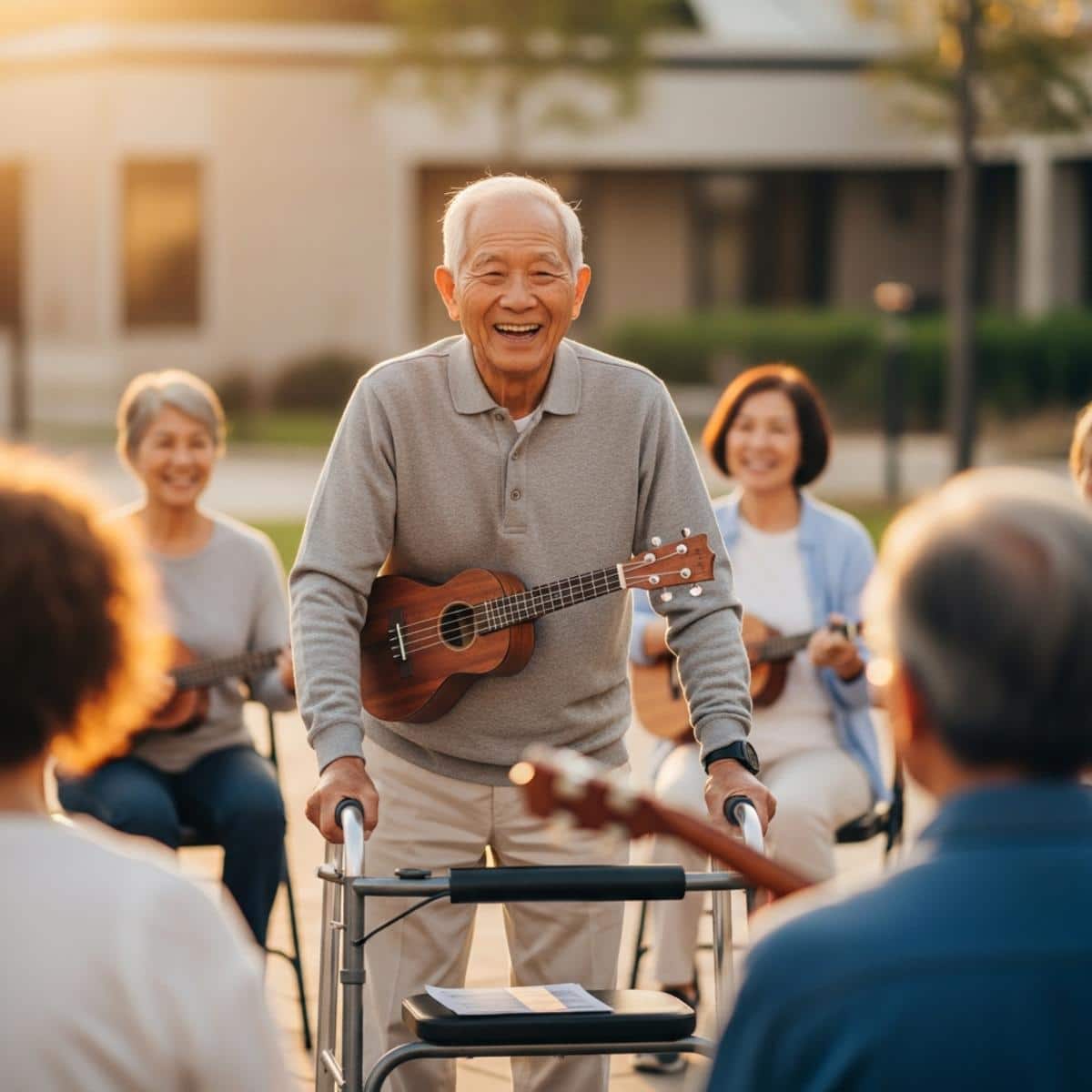 Older man with walker holding ukulele at outdoor senior music group gathering, full-body centered view
