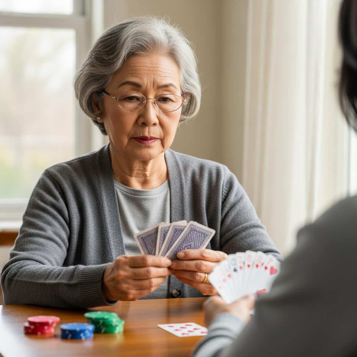 Older woman wearing glasses playing Bridge at card table with focused expression, centered waist-up view