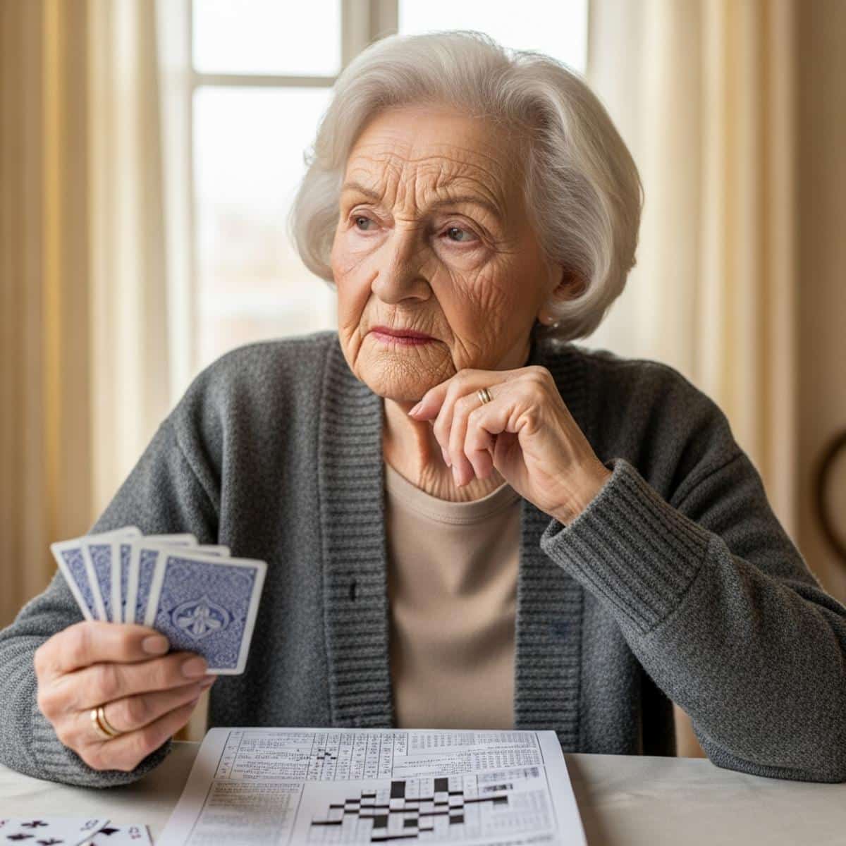 Older woman holding cards with crossword puzzle nearby, contemplative expression, centered waist-up view