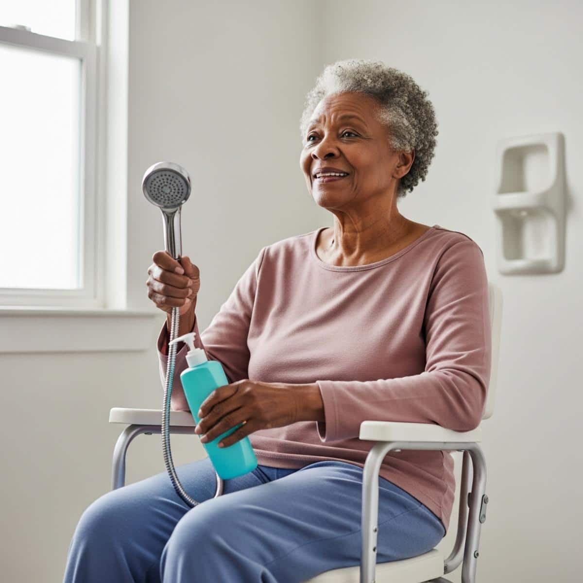 Older woman seated comfortably in shower chair with items within reach, three-quarter centered view