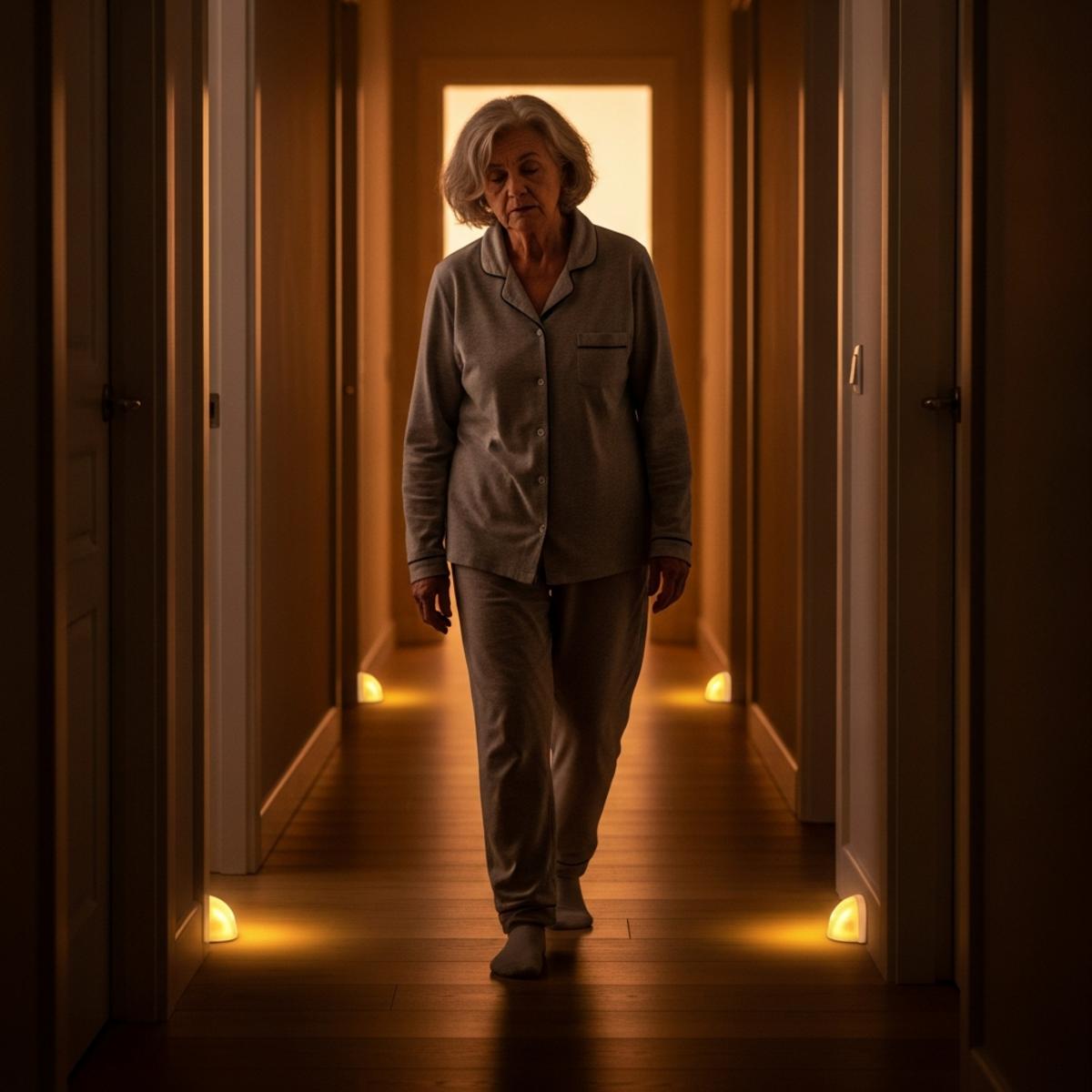 Older woman in pajamas walking safely down lit hallway with motion-activated nightlights, full-body centered view
