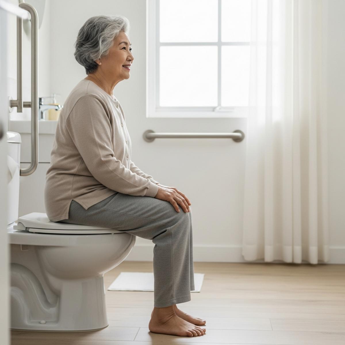Older woman seated on toilet demonstrating proper posture with good foot placement, side profile centered view