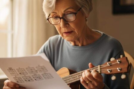 Older woman reading chord chart ukulele kitchen[1]