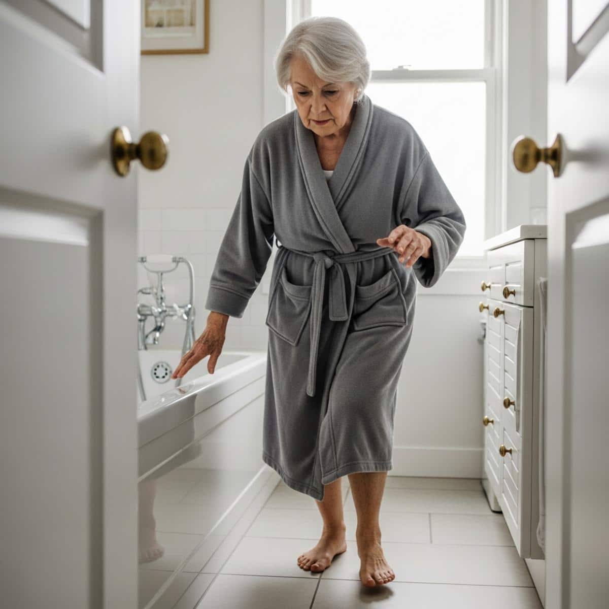 Older woman carefully stepping out of bathtub onto bathroom floor, full-body centered view showing cautious movement