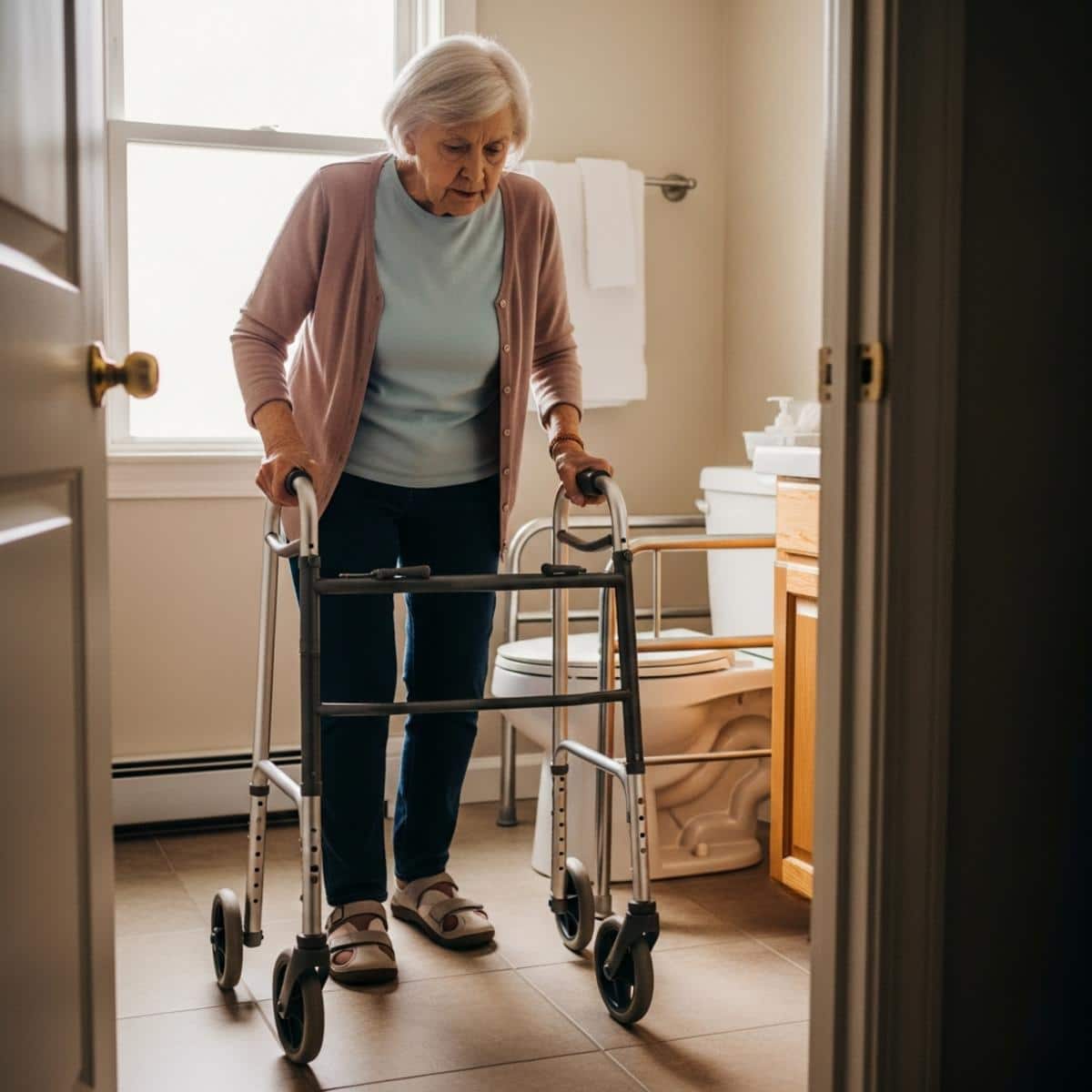 Older woman with walker beside toilet maintaining proper balance and posture during transfer, full-body centered view