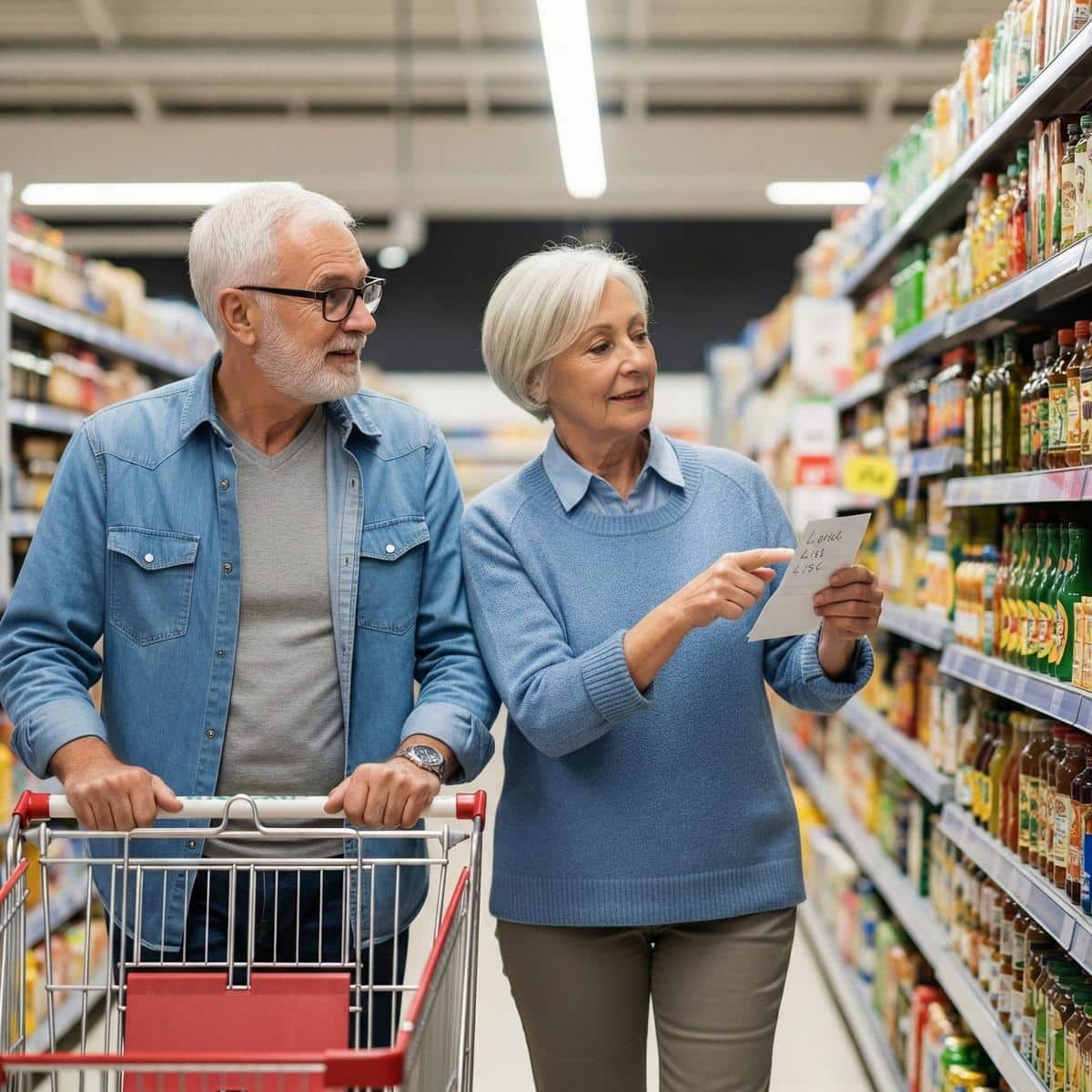 Older couple in a grocery aisle checking their list and comparing prices on shelf tags