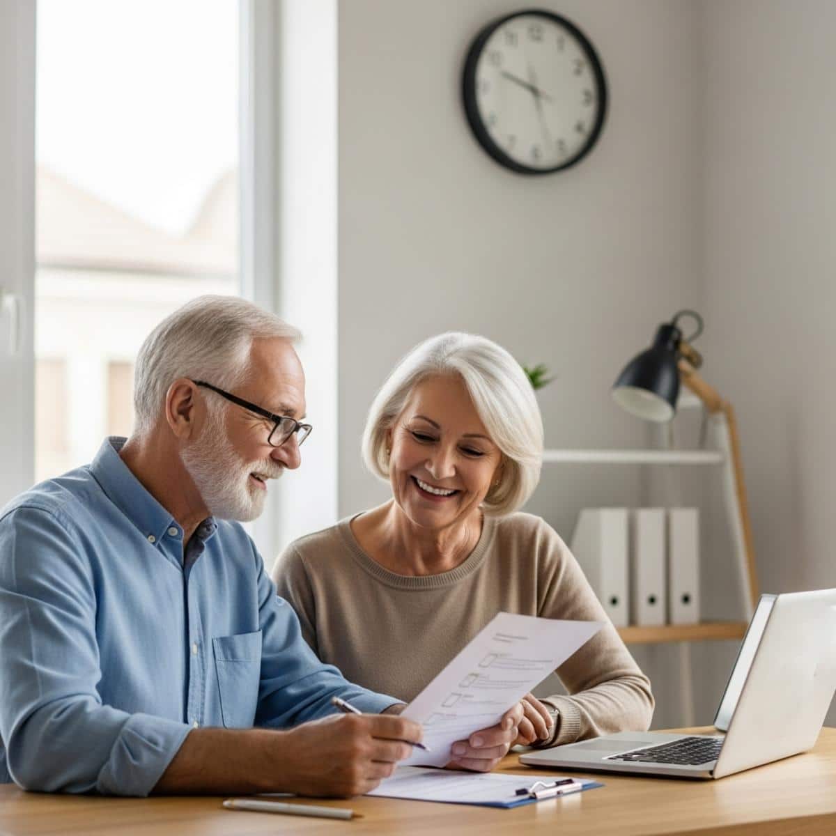Older couple at a home office desk reviewing a checklist beside an open laptop with a banking site