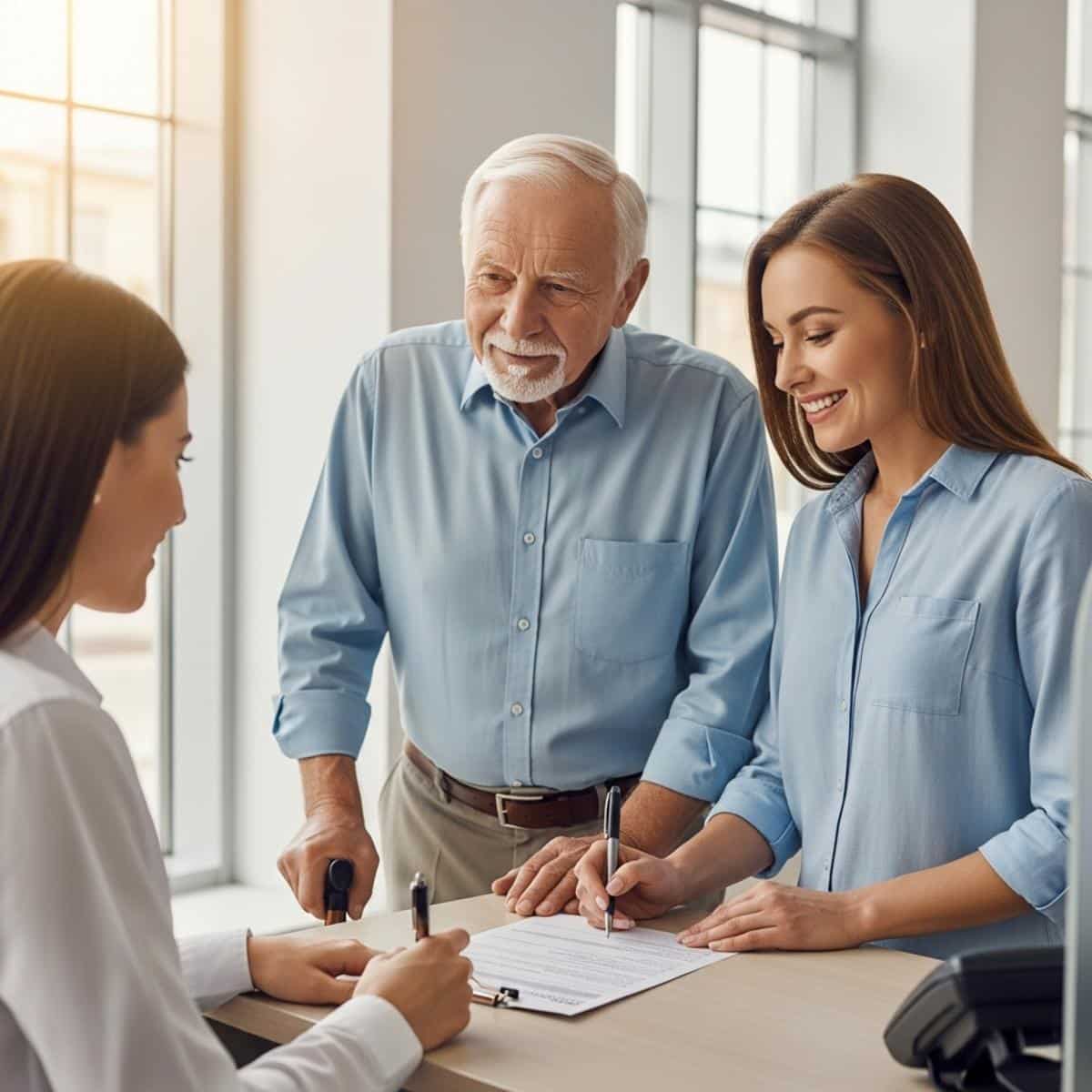 Older man with a cane and adult daughter at a bank counter, both preparing to sign a withdrawal form