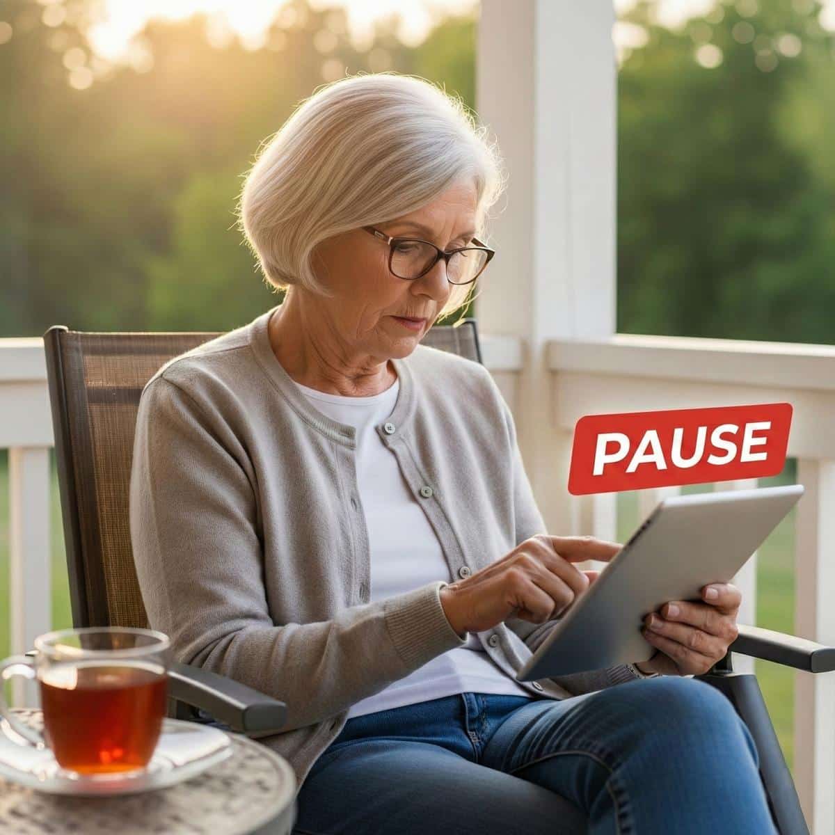 Older woman sitting on a porch using a tablet to pause a subscription, then relaxing with a cup of tea
