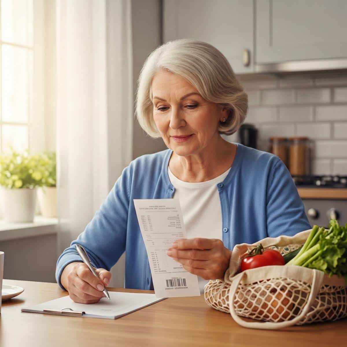 Older woman at kitchen table reviewing a grocery receipt with a pen beside a reusable bag of groceries