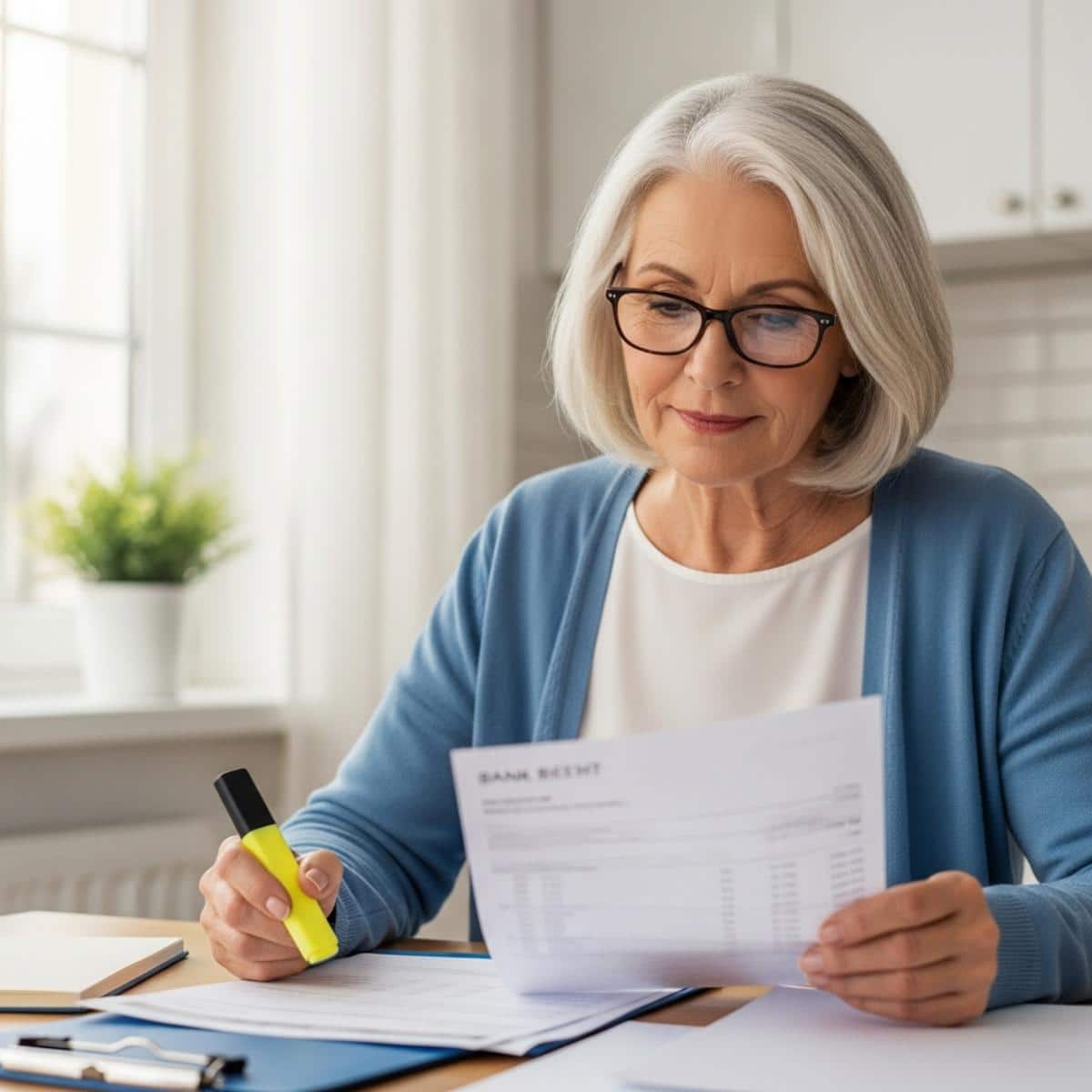 Older woman at a kitchen table highlighting charges on printed bank statements, waist-up view