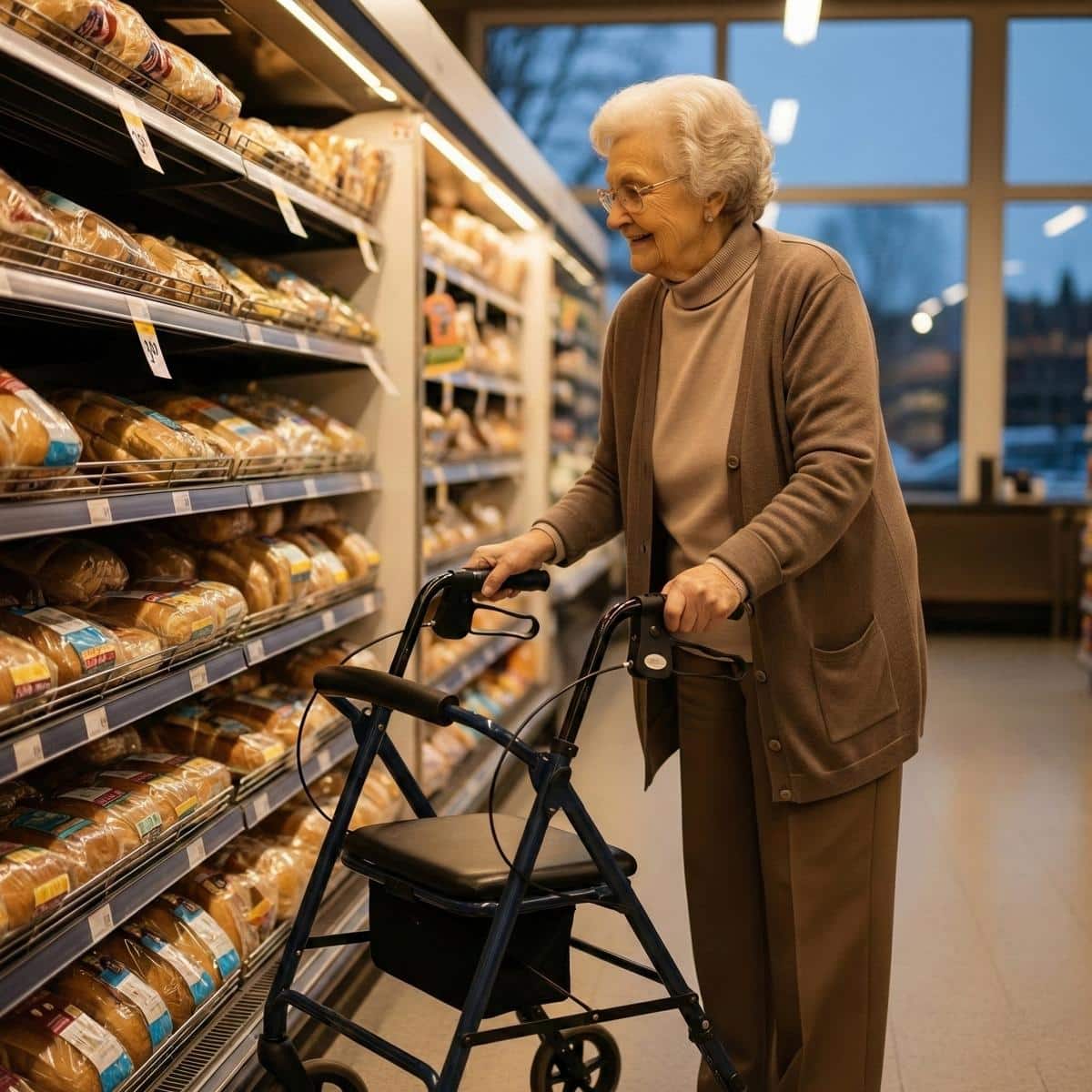 Older woman with a walker choosing discounted bread from a grocery store bakery markdown shelf in the evening